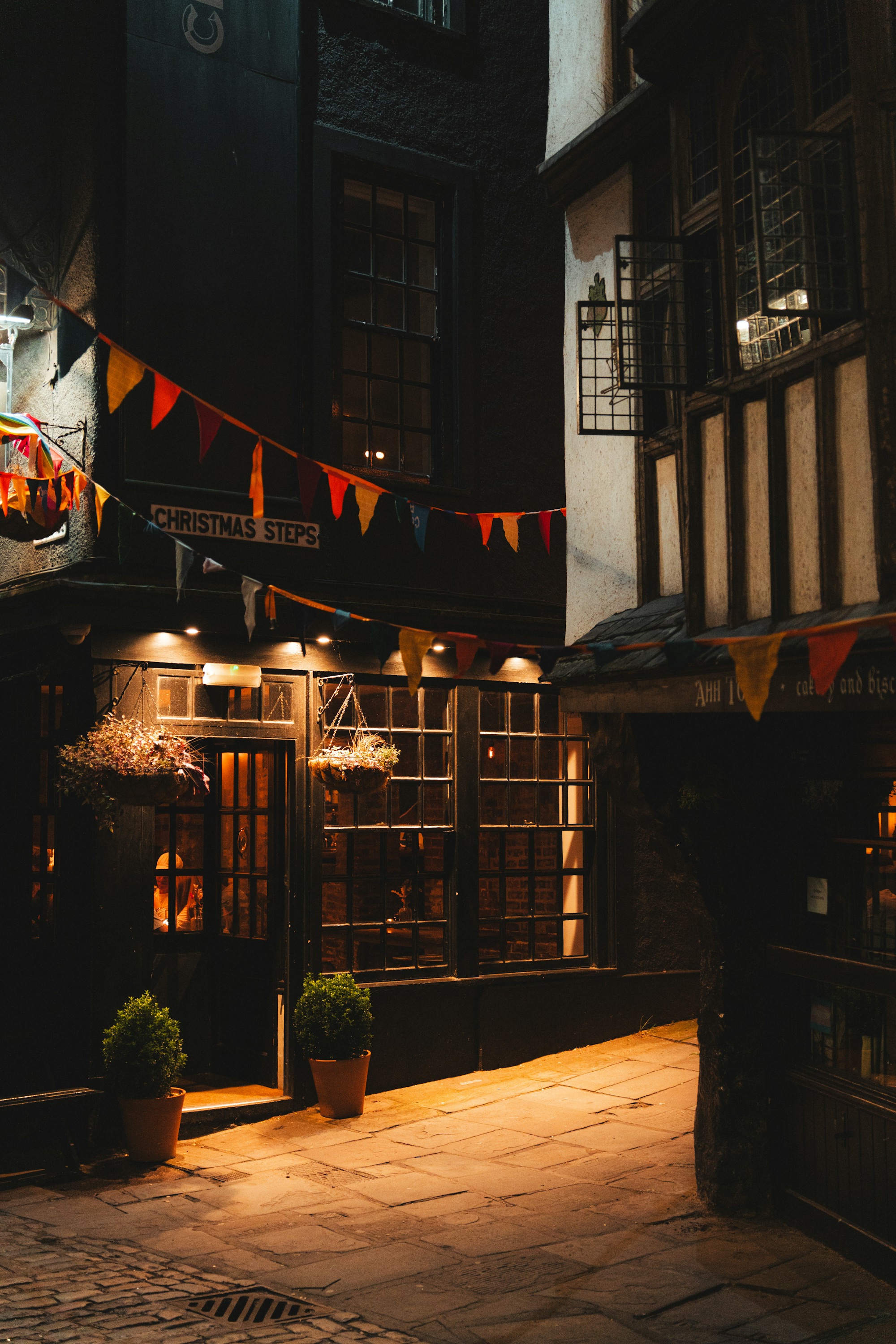 A historic Bristol street at night